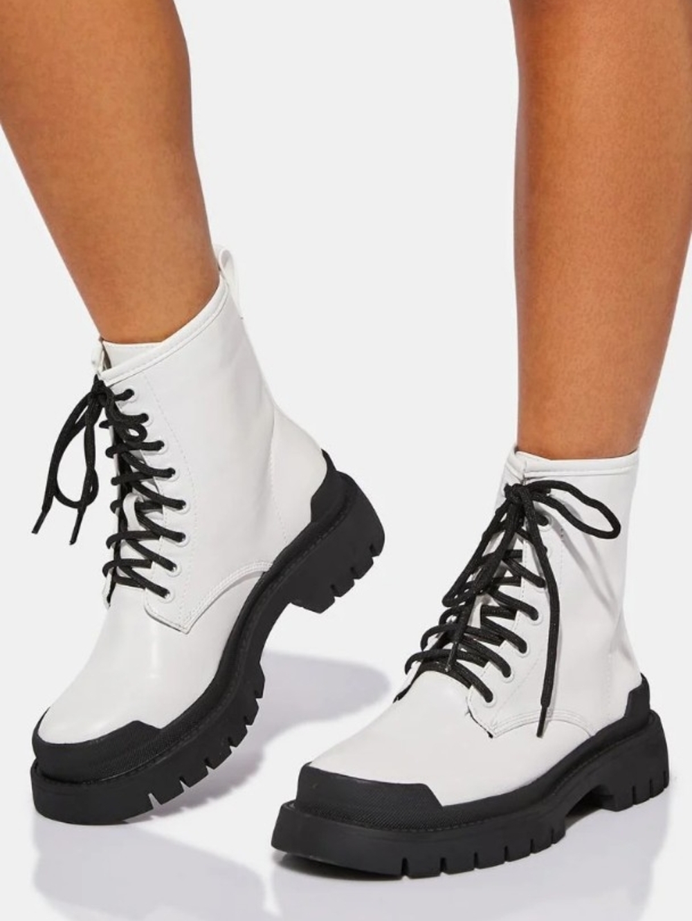 Liliana White Lace-Up Combat Boots with Black Sole Misses Size 10